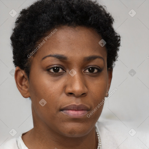 Neutral black young-adult female with short  brown hair and brown eyes