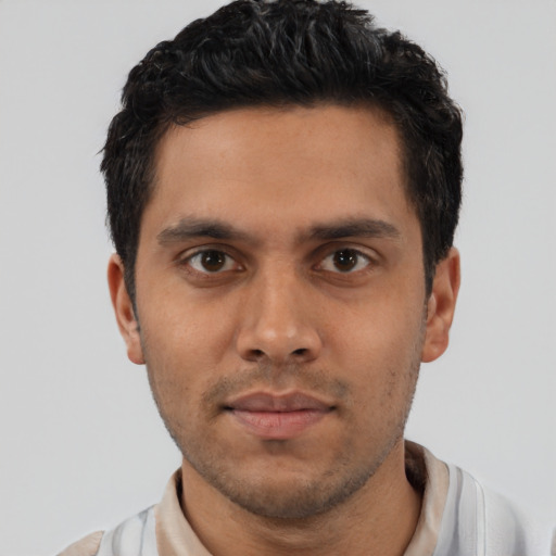 Neutral latino young-adult male with short  black hair and brown eyes