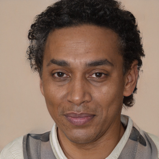 Joyful black adult male with short  black hair and brown eyes