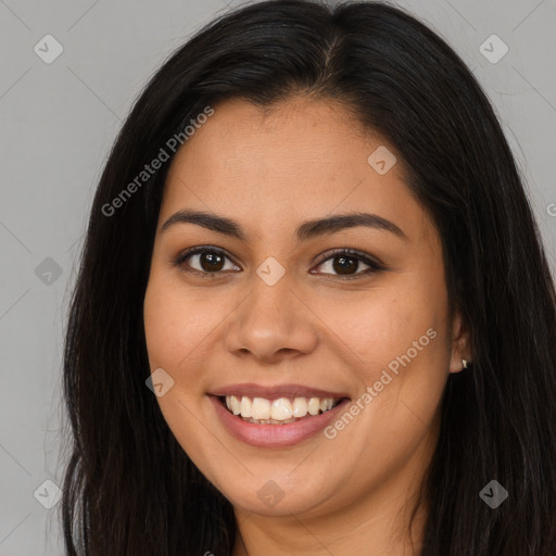 Joyful asian young-adult female with long  brown hair and brown eyes