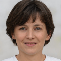 Joyful white adult female with medium  brown hair and grey eyes