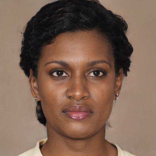 Neutral black young-adult female with short  black hair and brown eyes