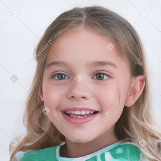 Joyful white child female with medium  brown hair and blue eyes