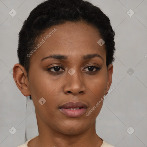 Neutral black young-adult female with short  brown hair and brown eyes