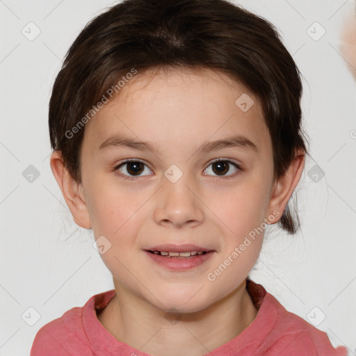 Joyful white child female with medium  brown hair and brown eyes