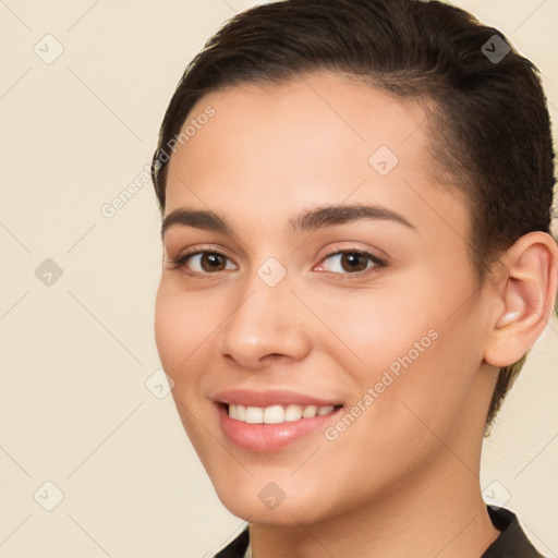 Joyful white young-adult female with short  brown hair and brown eyes