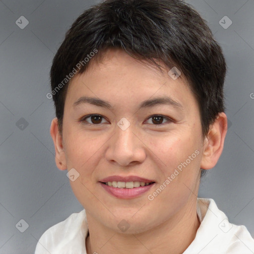 Joyful white young-adult female with short  brown hair and brown eyes