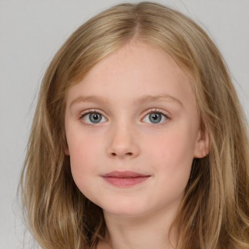 Neutral white child female with long  brown hair and blue eyes