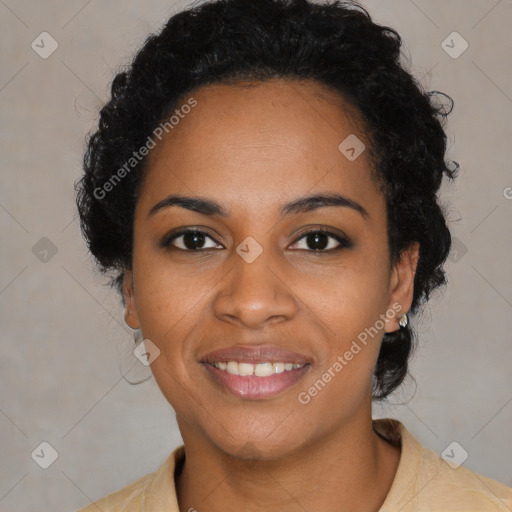 Joyful black young-adult female with medium  black hair and brown eyes