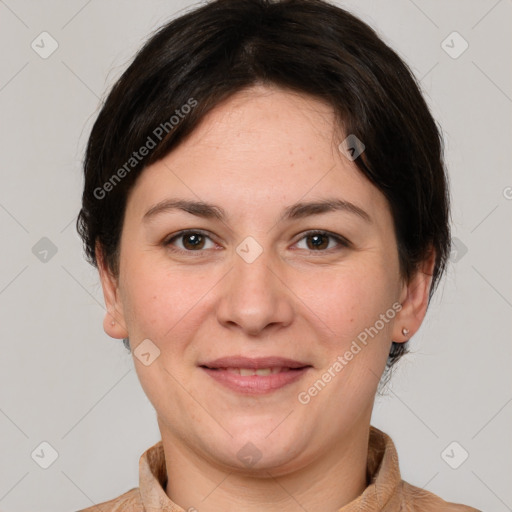 Joyful white young-adult female with short  brown hair and brown eyes