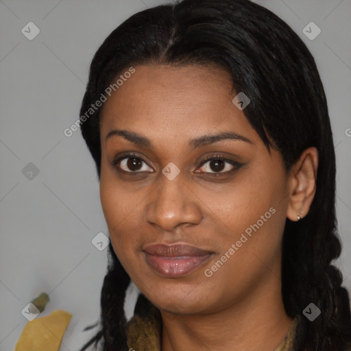 Joyful black young-adult female with medium  brown hair and brown eyes