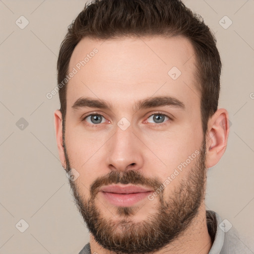 Neutral white young-adult male with short  brown hair and brown eyes