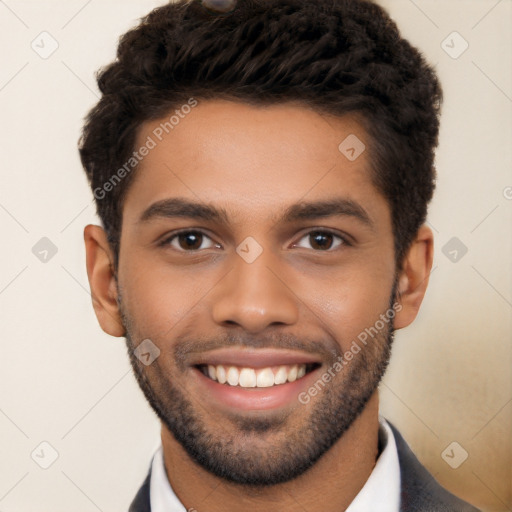 Joyful white young-adult male with short  black hair and brown eyes