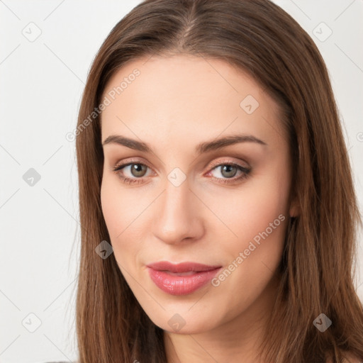 Neutral white young-adult female with long  brown hair and brown eyes