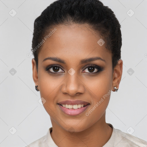 Joyful black young-adult female with short  brown hair and brown eyes