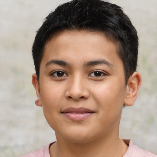 Joyful latino young-adult male with short  brown hair and brown eyes