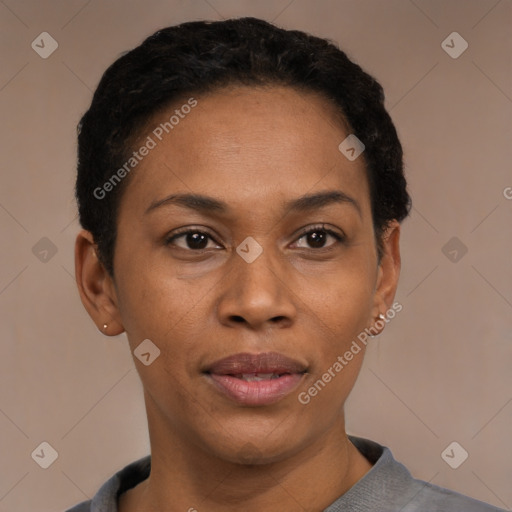 Joyful latino young-adult female with short  black hair and brown eyes