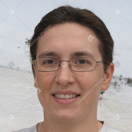 Joyful white adult female with short  brown hair and brown eyes