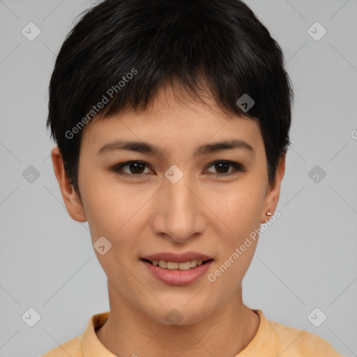 Joyful asian young-adult female with short  brown hair and brown eyes