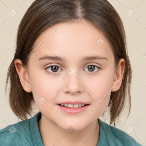 Joyful white child female with medium  brown hair and brown eyes