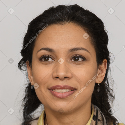 Joyful latino young-adult female with medium  brown hair and brown eyes