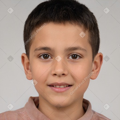 Joyful white child male with short  brown hair and brown eyes