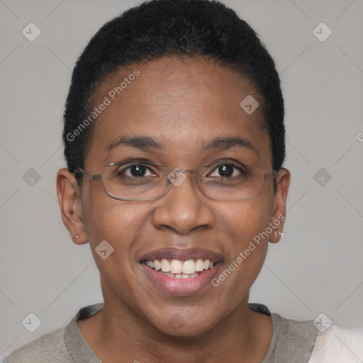 Joyful black adult female with short  brown hair and brown eyes