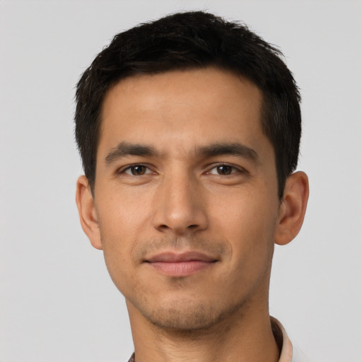 Neutral asian young-adult male with short  black hair and brown eyes