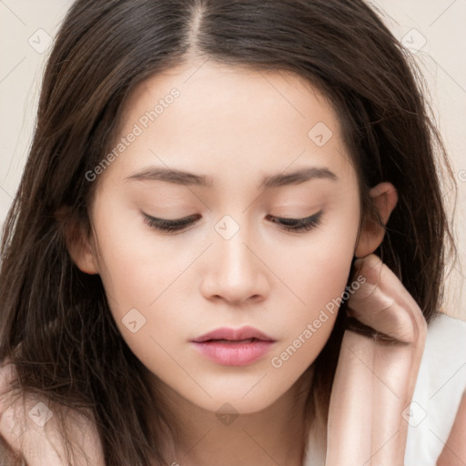 Neutral white young-adult female with long  brown hair and brown eyes