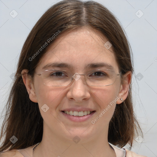 Joyful white adult female with medium  brown hair and grey eyes