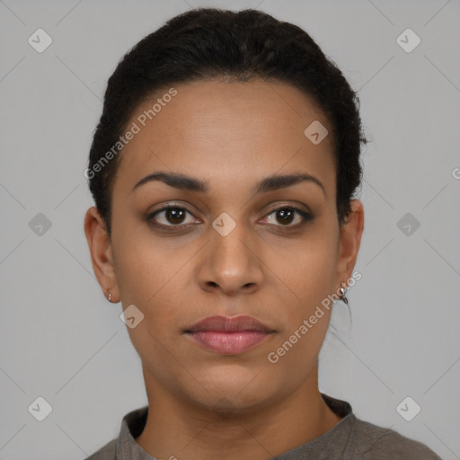 Neutral black young-adult female with short  brown hair and brown eyes