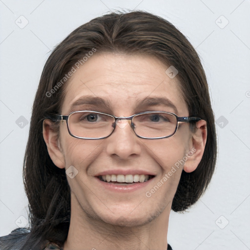 Joyful white adult female with medium  brown hair and grey eyes