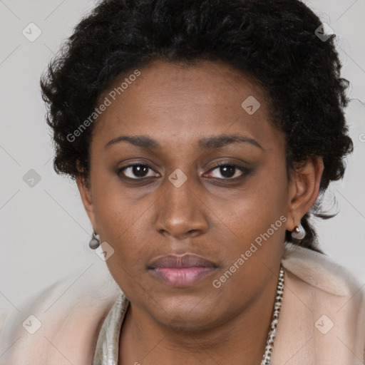 Neutral black young-adult female with short  brown hair and brown eyes