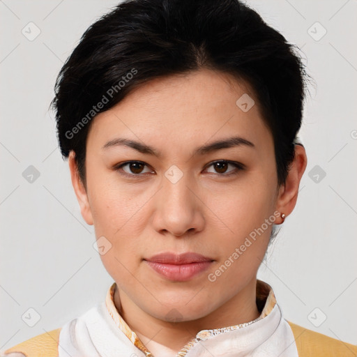 Joyful white young-adult female with short  black hair and brown eyes