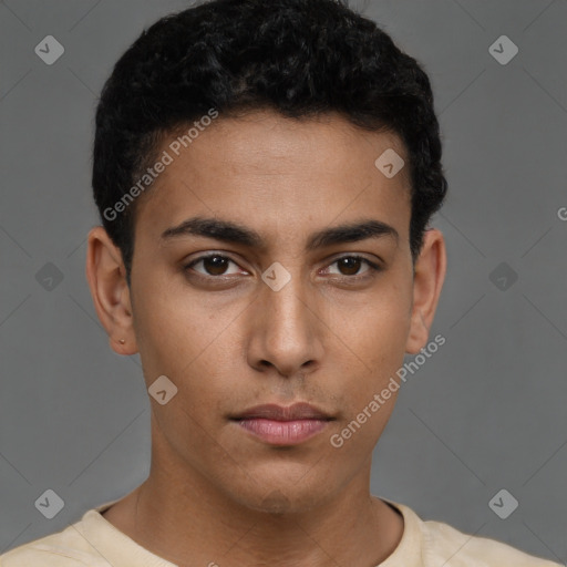 Neutral latino young-adult male with short  brown hair and brown eyes