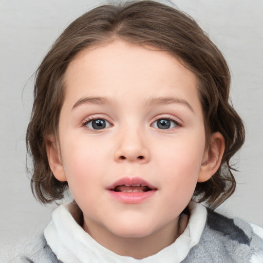 Neutral white child female with medium  brown hair and blue eyes