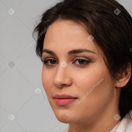 Neutral white young-adult female with medium  brown hair and brown eyes