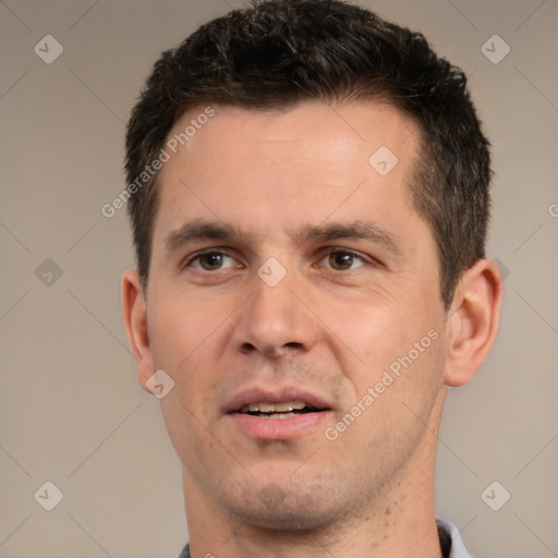 Neutral white adult male with short  brown hair and brown eyes