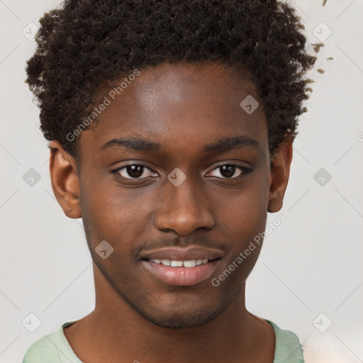 Joyful black young-adult male with short  brown hair and brown eyes