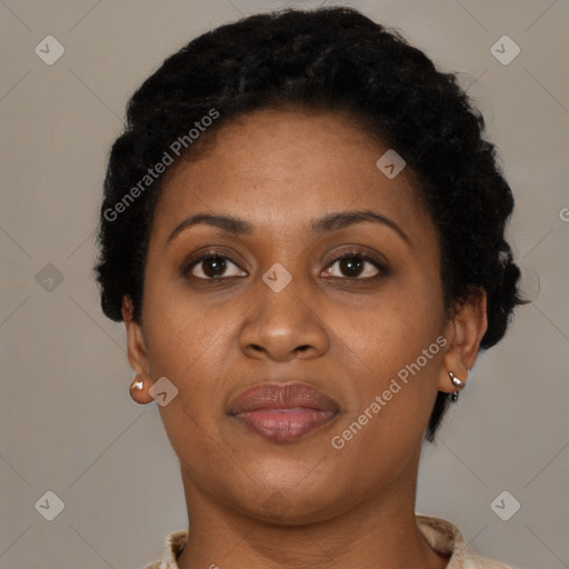 Joyful black adult female with short  brown hair and brown eyes