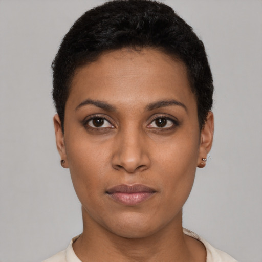 Neutral latino young-adult female with short  black hair and brown eyes