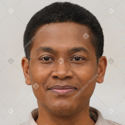 Joyful black young-adult male with short  brown hair and brown eyes