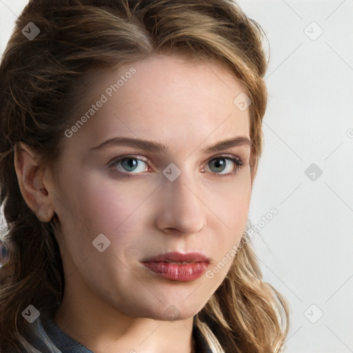 Neutral white young-adult female with long  brown hair and blue eyes