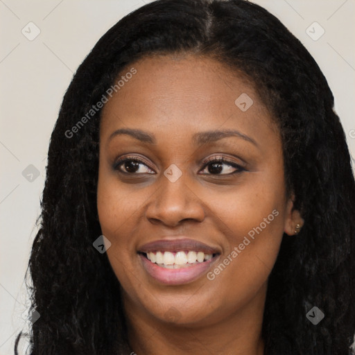 Joyful latino young-adult female with long  black hair and brown eyes