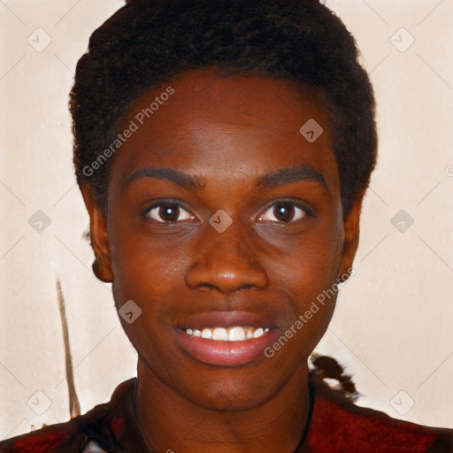 Joyful black young-adult male with short  brown hair and brown eyes