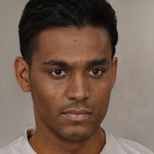 Neutral black young-adult male with short  brown hair and brown eyes