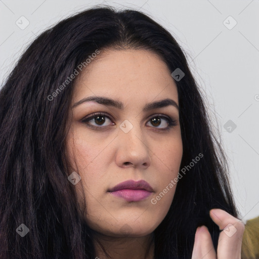 Neutral white young-adult female with long  brown hair and brown eyes