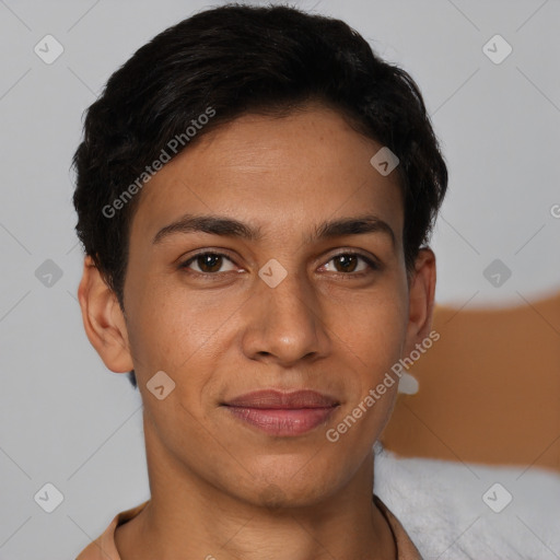 Joyful latino young-adult male with short  brown hair and brown eyes