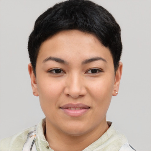 Joyful asian young-adult female with short  brown hair and brown eyes