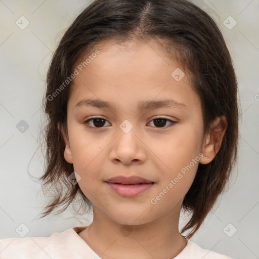 Joyful white child female with medium  brown hair and brown eyes